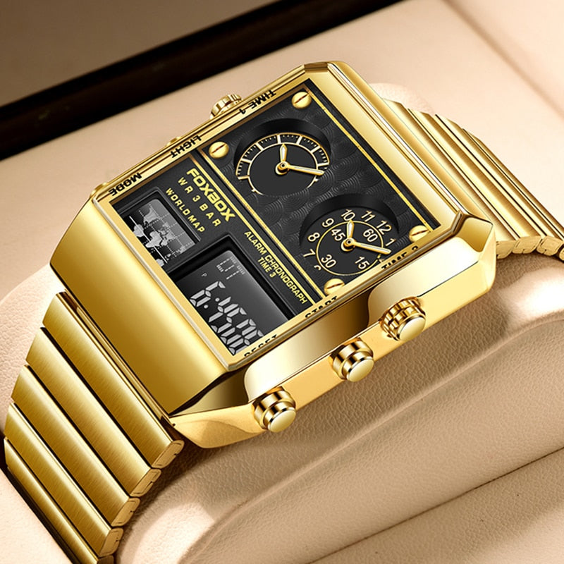 New Creative Square Watch Men Top Brand Luxury Digital Watch Fashion Dual Display Watches For Men Relogio Masculino Gold