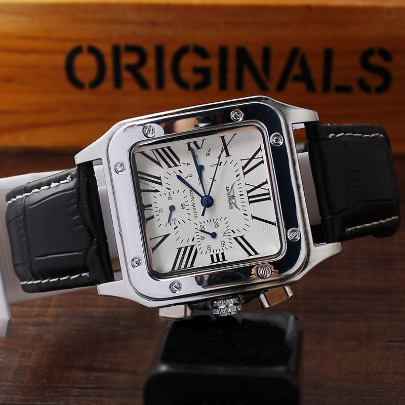 Classic Mechanical Watch Top Brand Men Roman Numerals Skeleton Watches Male Square Rectangular Clock Hombre Relogio Masculino