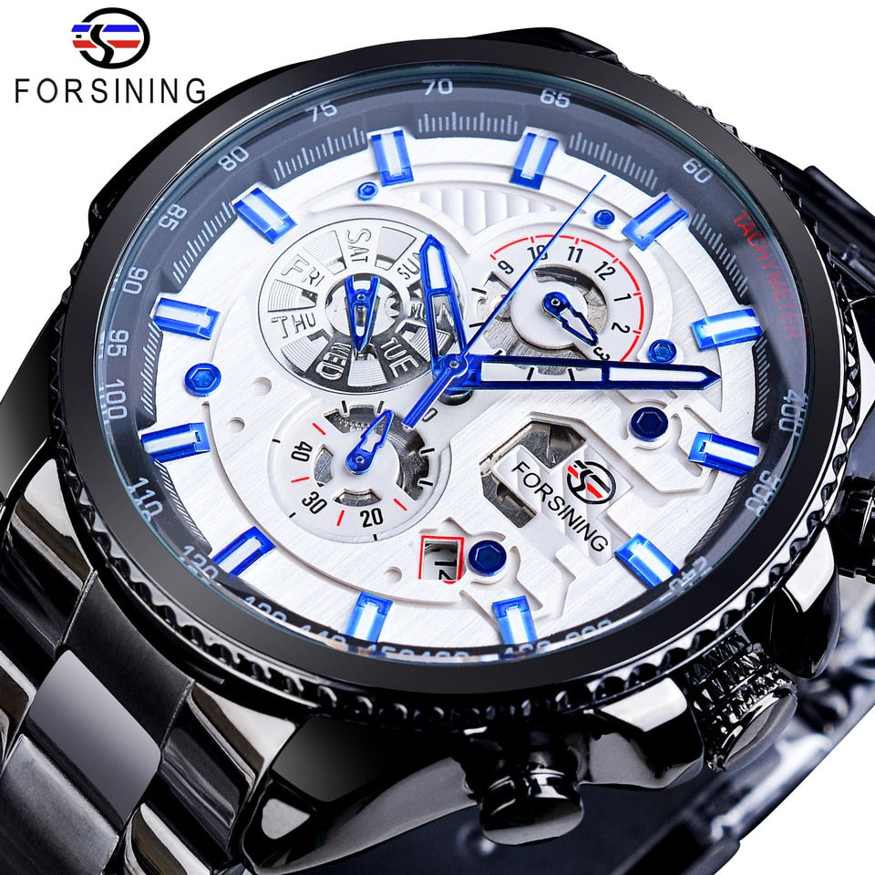 New Men Forsining Three Dial Calendar Watch Stainless Steel Men Mechanical Automatic Wrist Watches Top Brand Luxury Military Sport Male Clock