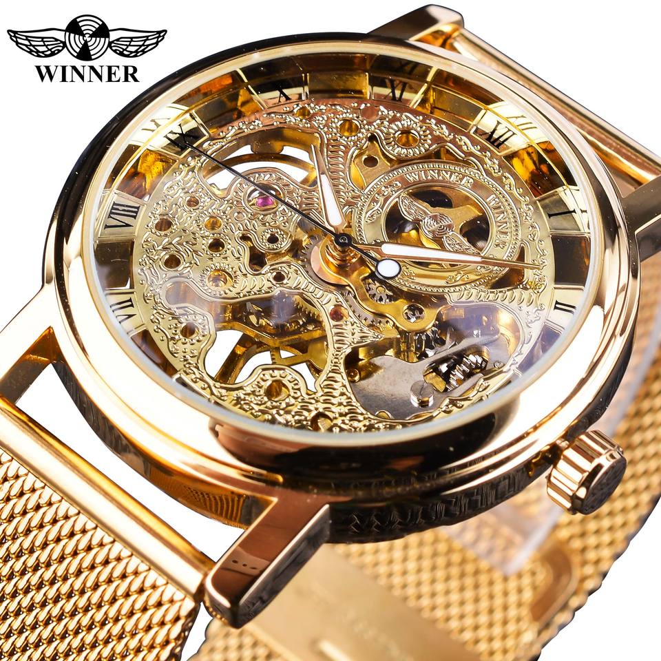 New Men Winner Transparent Golden Watch Luxury Casual Design Brown Leather Strap Mens Watches Top Brand Luxury Mechanical Skeleton Watch