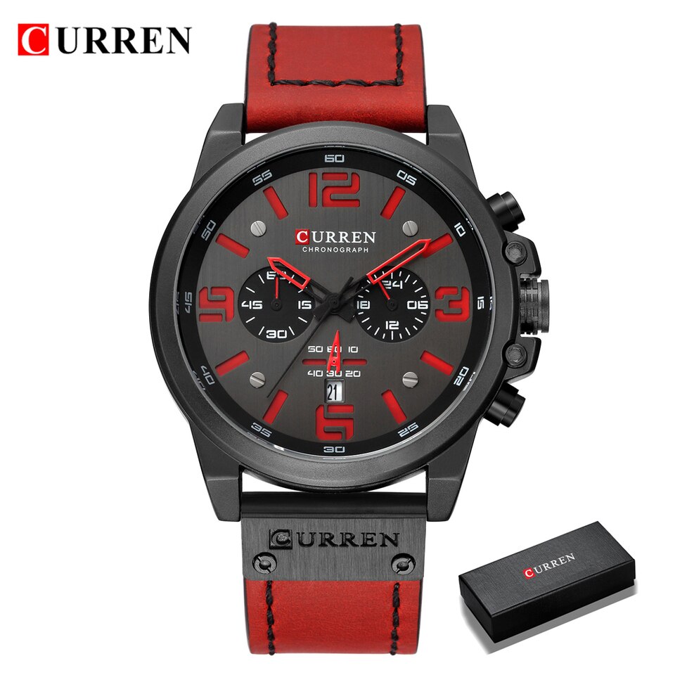 Men Watches Top Luxury Brand Waterproof Sport Wrist Watch Chronograph Quartz Military Genuine Leather Relogio Masculino black red-box