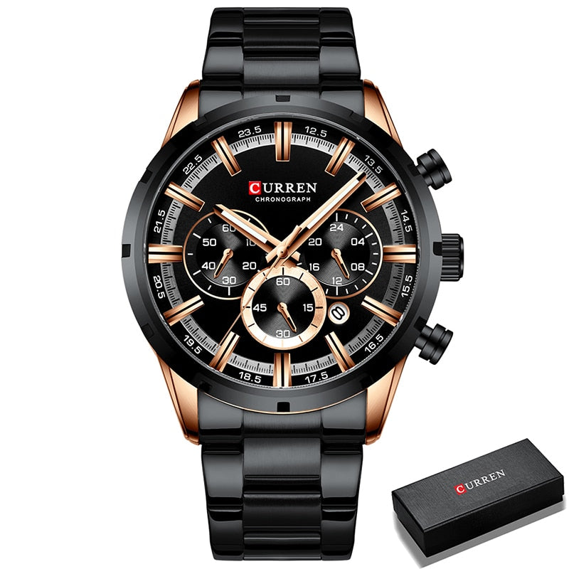 CURREN Men Watch Top Brand Luxury Sports Quartz Mens Watches Full Steel Waterproof Chronograph Wristwatch Men Relogio Masculino Gold Black Box