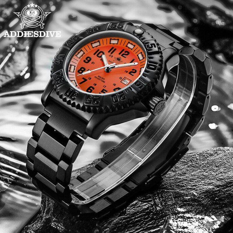 Addies Dive Men Fashion Casual Watch Calendar Display 50m Waterproof Tube Luminous Watch Orange Dial Rotating Bezel Quartz Watch