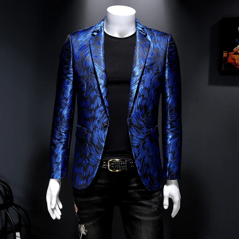 New Men Blazer Homme Stage Outfit Performance Metal Gold Yarn Smart Casual Blue, Asia 6XL