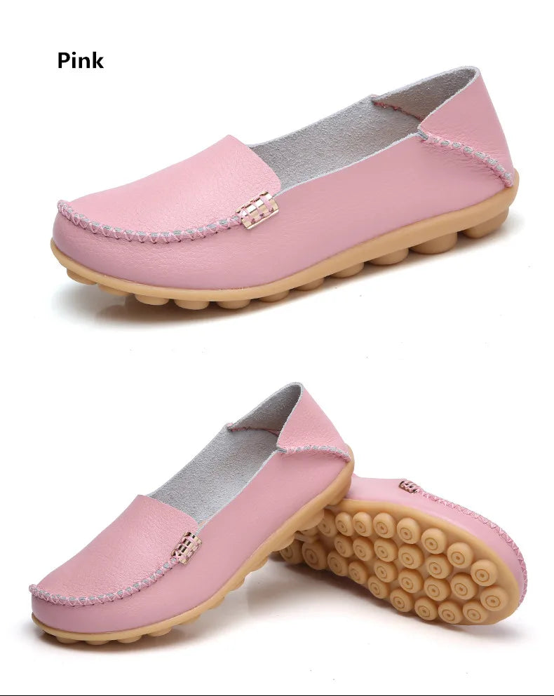 Summer Autumn Women Soft Genuine Leather Breathable Flats Non Slip on Casual Shoes with Round Toe for Mature Ladies Nurse