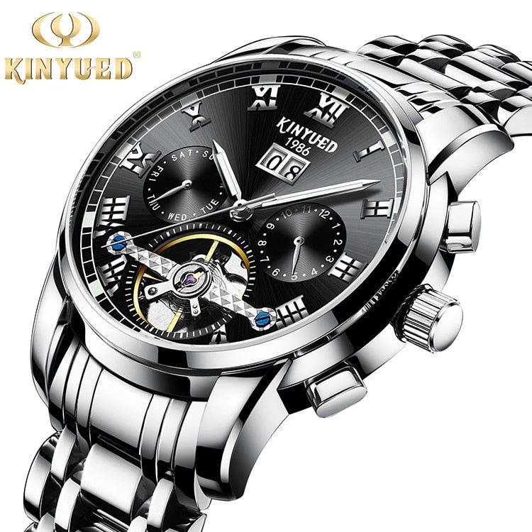 New Men Kinyued Stainless Steel Watch Band Automatic Mechanical Business Wrist Watch Luxury Brand Waterproof Watch for Men