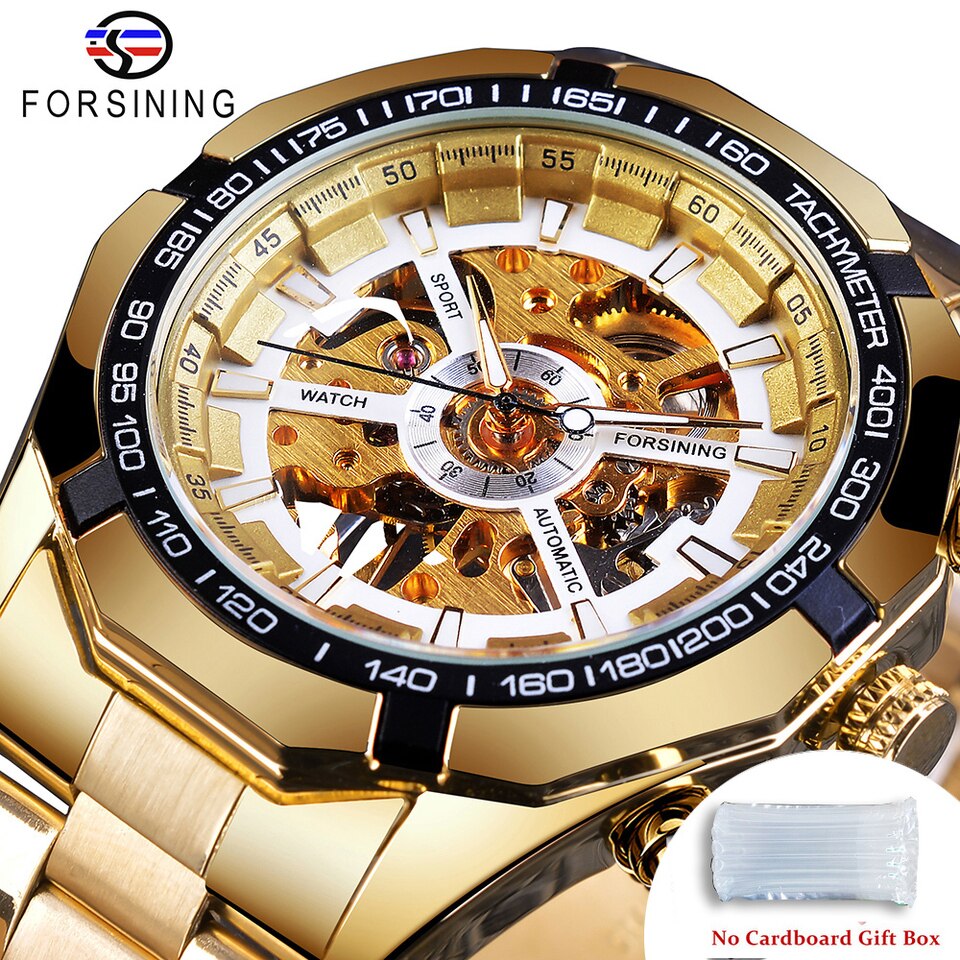 New Men Forsining Stainless Steel Watch Waterproof Mens Skeleton Watches Top Brand Luxury Transparent Mechanical Sport Male Wrist Watches