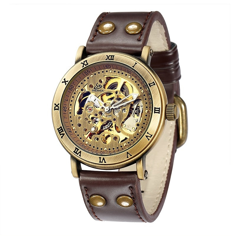 New Men Retro Automatic Mechanical Watch Skeleton Steampunk Genuine Leather Band Mens Self Winding Wrist Watches Men