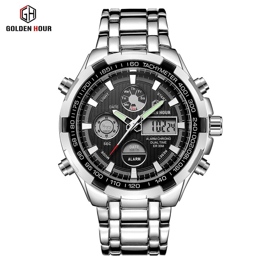 Luxury Brand Waterproof Military Sport Watches Men Silver Steel Digital Quartz Analog Watch Clock Relogios Masculinos