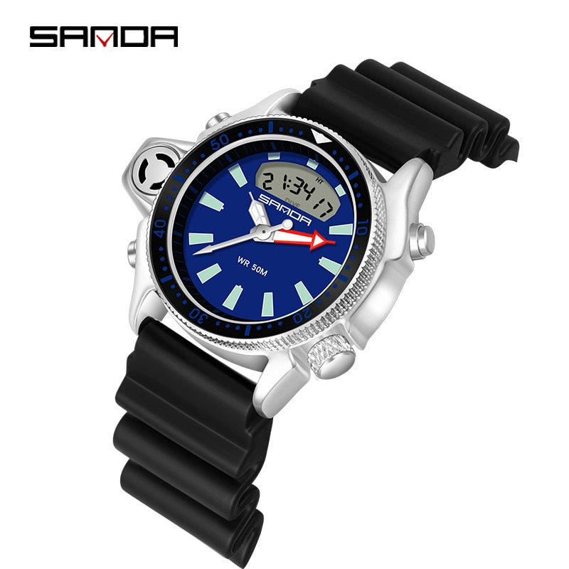 Sport Men Quartz Digital Watch Creative Diving Watches Men Waterproof Alarm Watch Dual Display Clock Relogio Masculino Black blue, China