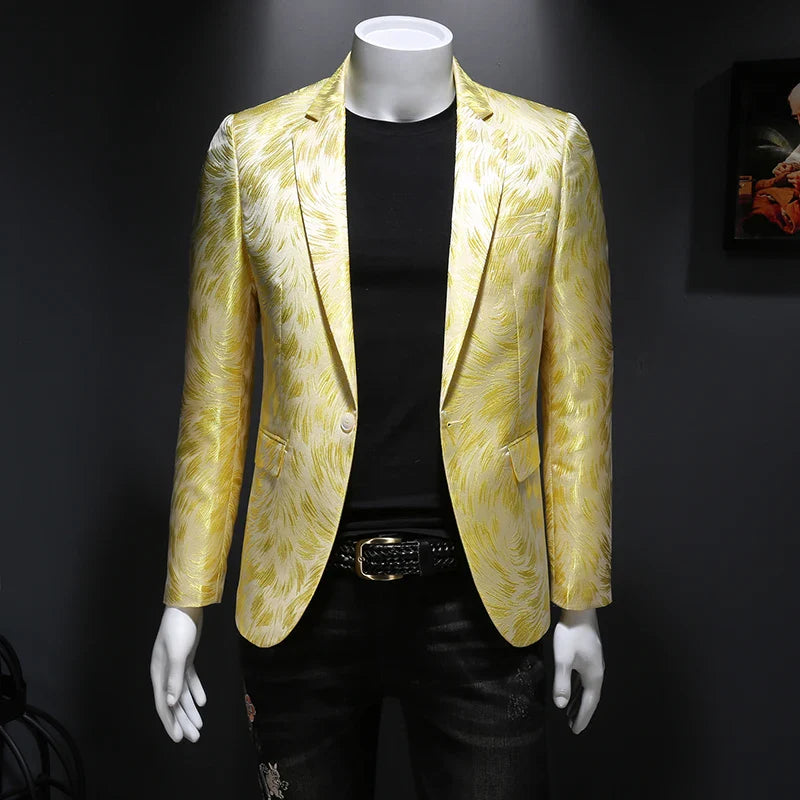 New Men Blazer Homme Stage Outfit Performance Metal Gold Yarn Smart Casual Light Yellow, Asia 6XL