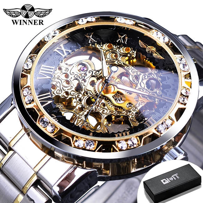 Winner Transparent Fashion Diamond Luminous Gear Movement Royal Design Men Top Brand Luxury Male Mechanical Skeleton Wrist Watch S1089-2