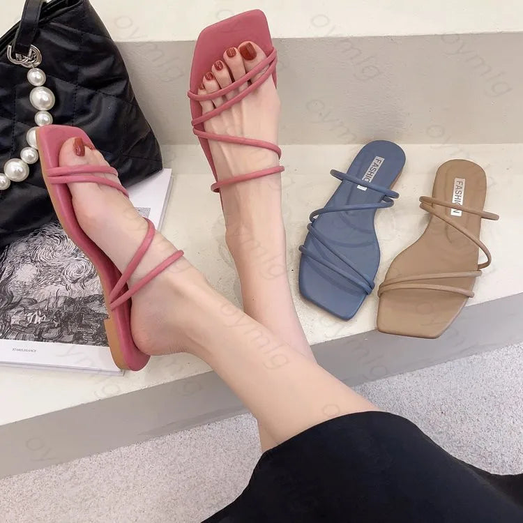 Slippers women summer Korean version new square-toe flat-heel candy color fashion outer wear sandals slippers