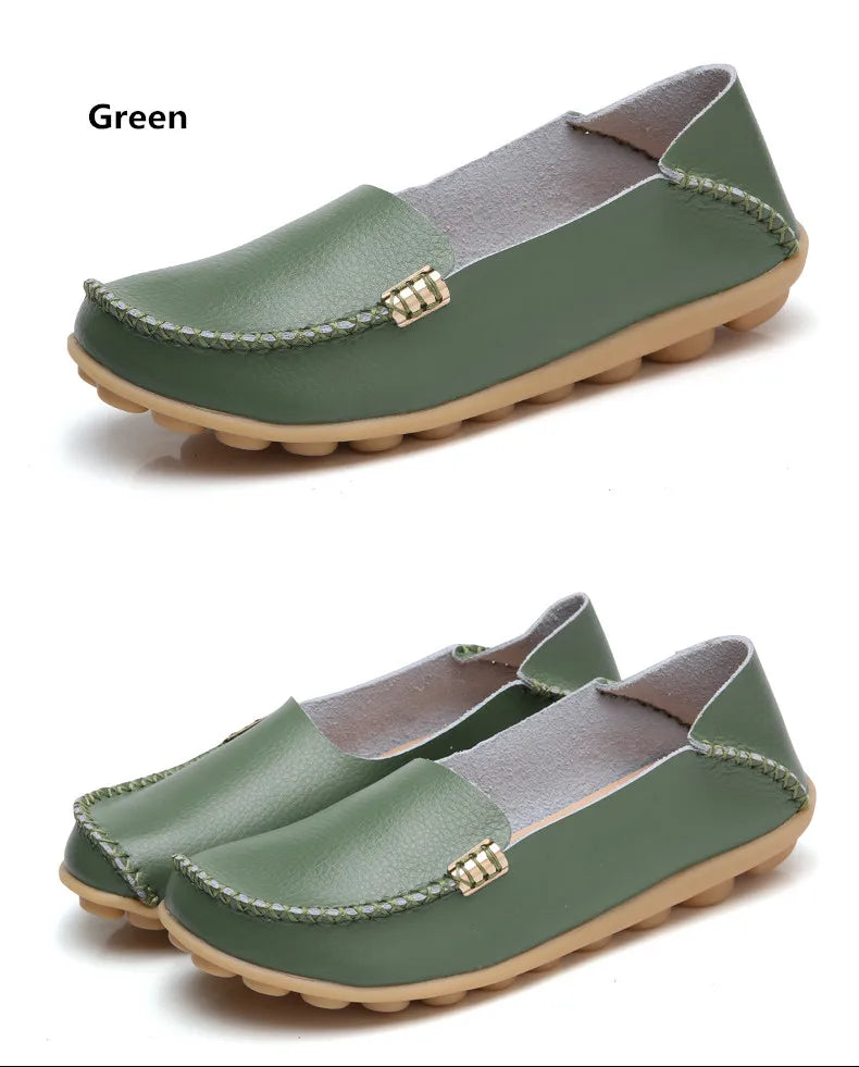 Summer Autumn Women Soft Genuine Leather Breathable Flats Non Slip on Casual Shoes with Round Toe for Mature Ladies Nurse