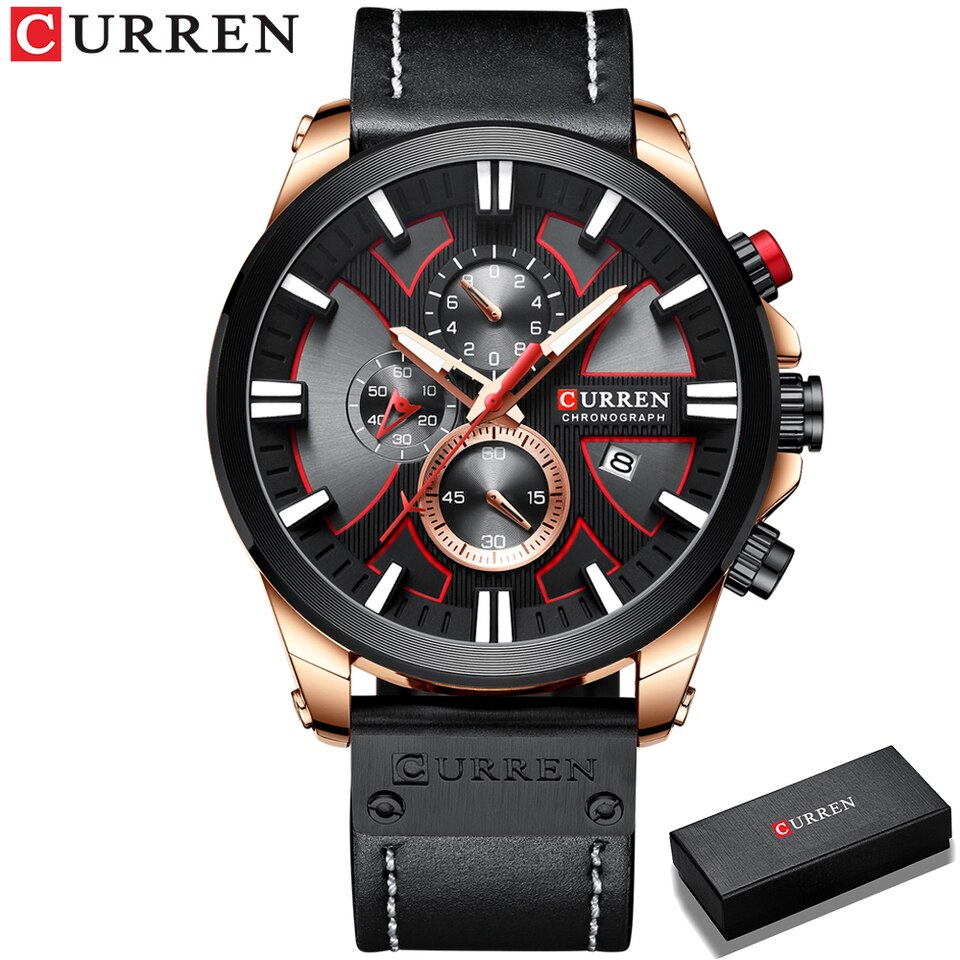 Watch Chronograph Sport Mens Watches Quartz Clock Leather Male Wristwatch Relogio Masculino Fashion Gift for Men black rose box, China