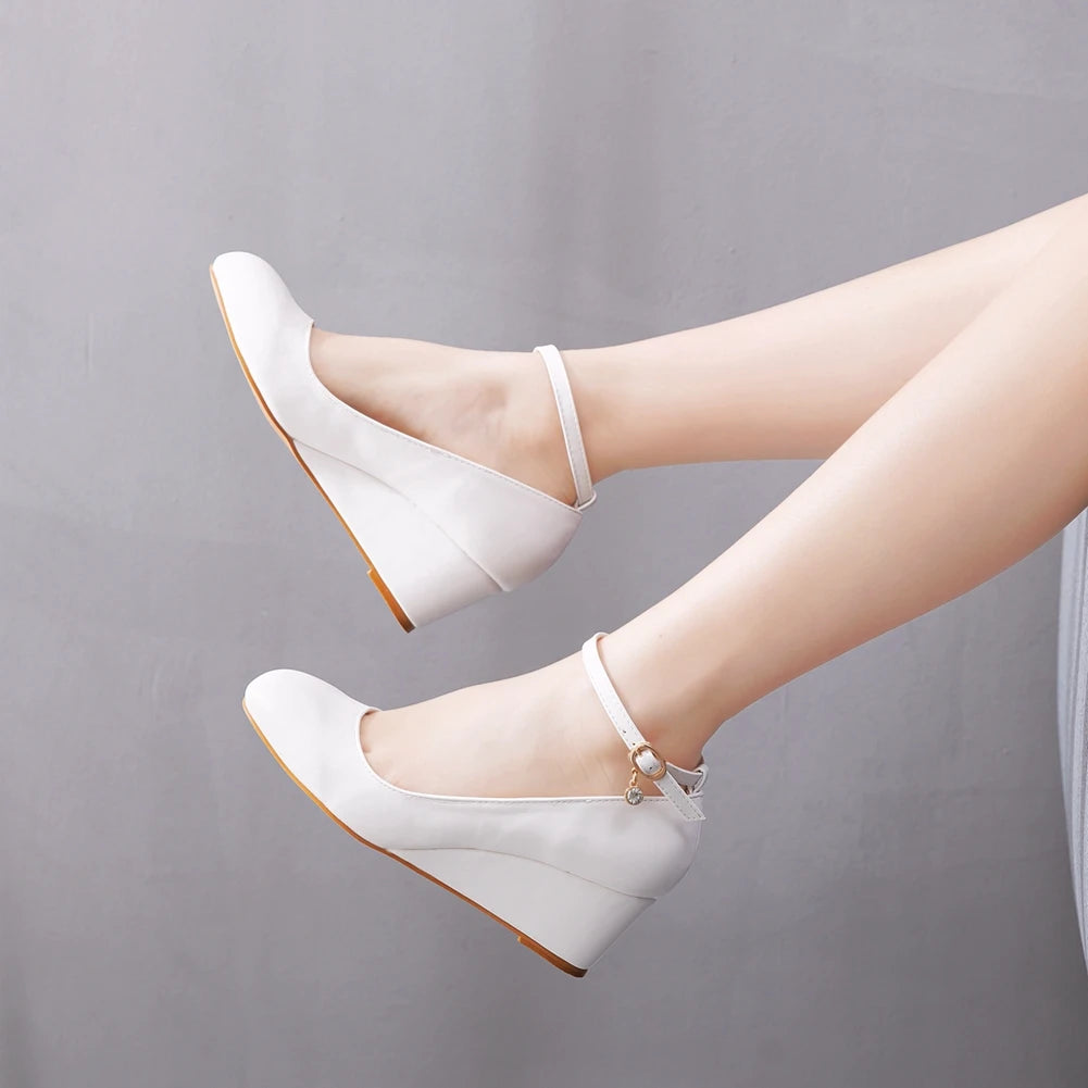 Women Fashion High Heels Shoes Plus Size Platform Wedges Female Pumps Women White pu Buckle Ankle Strap Woman Wedding Shoes