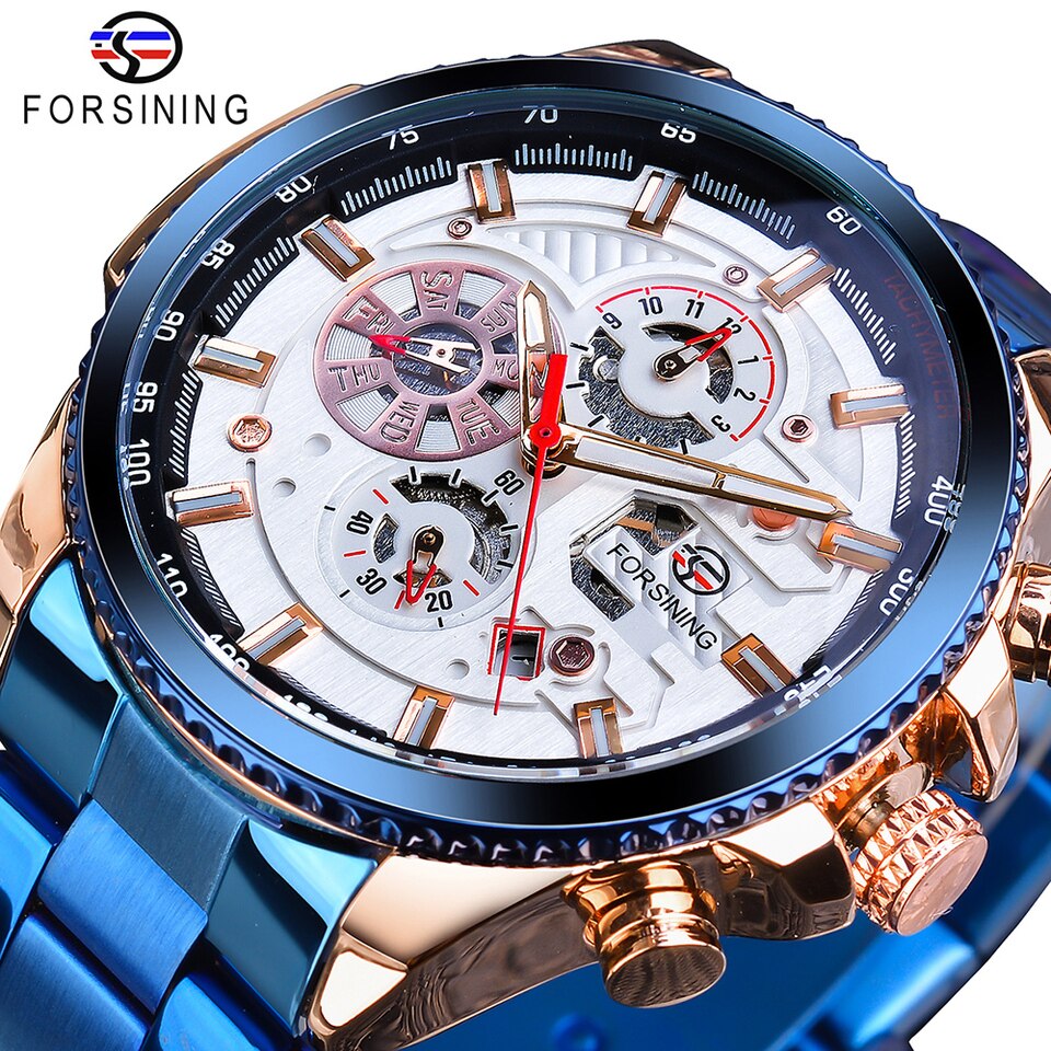 New Men Forsining Three Dial Calendar Watch Stainless Steel Men Mechanical Automatic Wrist Watches Top Brand Luxury Military Sport Male Clock