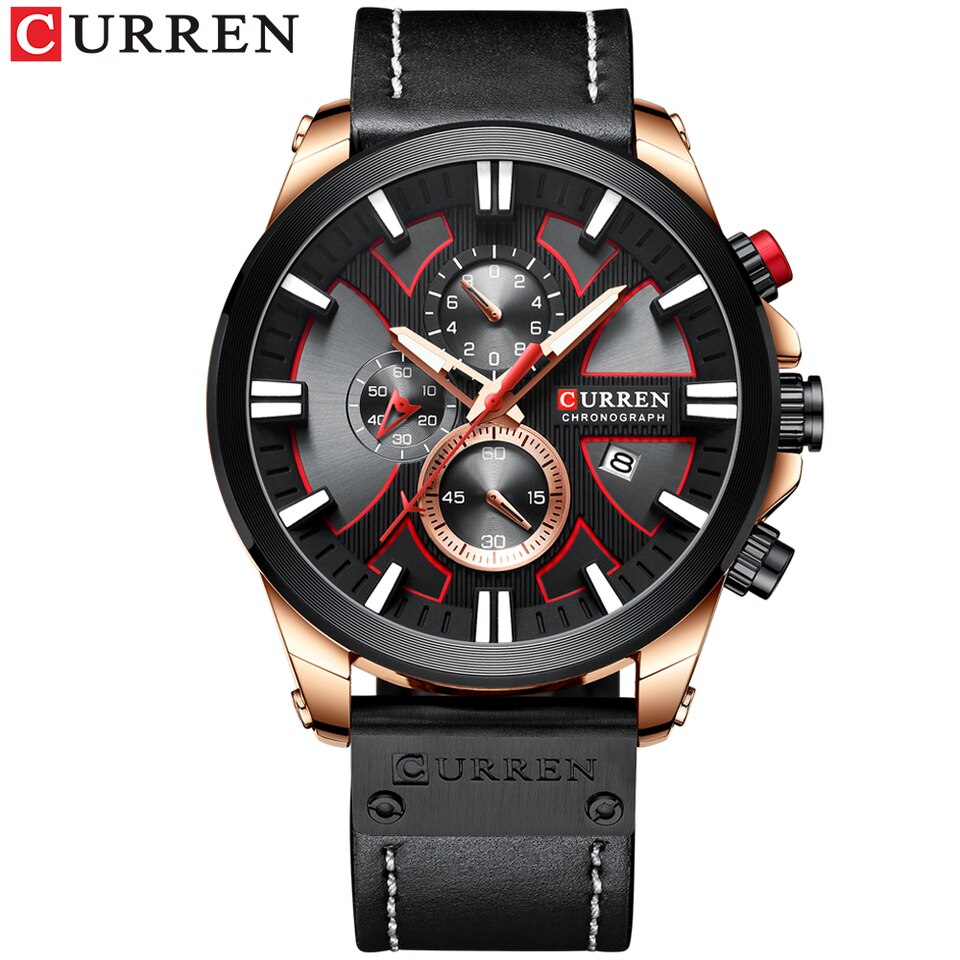 Watch Chronograph Sport Mens Watches Quartz Clock Leather Male Wristwatch Relogio Masculino Fashion Gift for Men black rose black, China