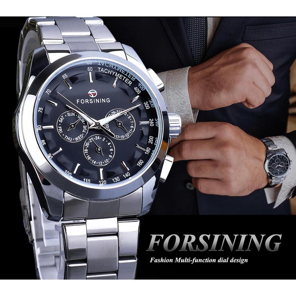 New Men Forsining Black Mechanical Watch 3 Dial Calendar Automatic Self Wind Clock Business Sport Stainless Steel Belts Wristwatch