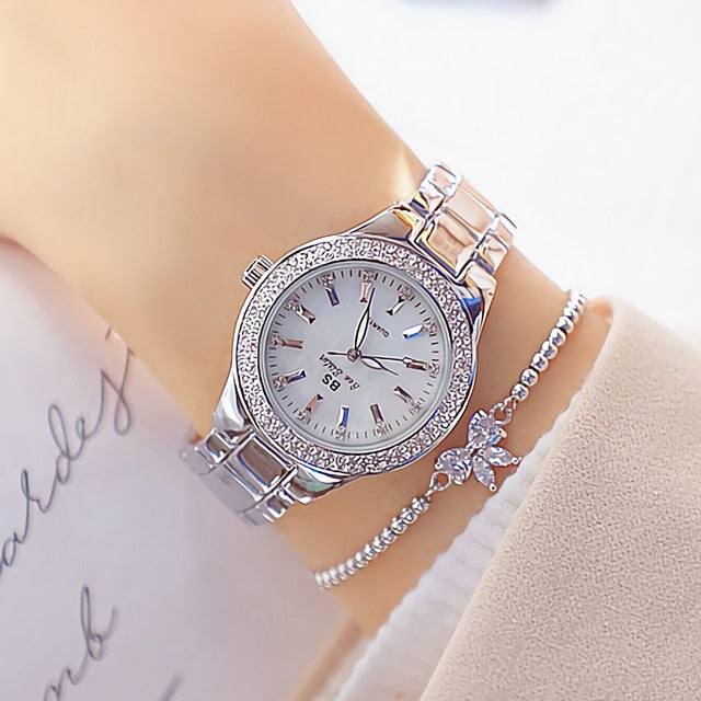 Ladies Wrist Watches Dress Gold Watch Women Crystal Diamond Watches Stainless Steel Silver Clock Women Montre Femme silver bracelet