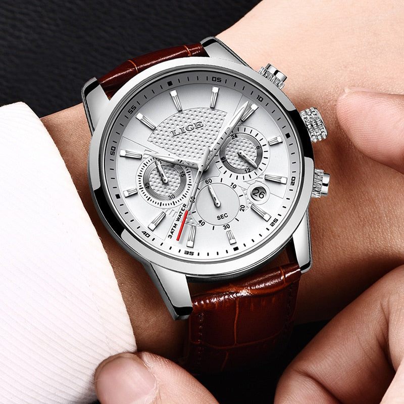 New Mens Watches LIGE Top Brand Leather Chronograph Waterproof Sport Automatic Date Quartz Watch For Men Relogio Masculino