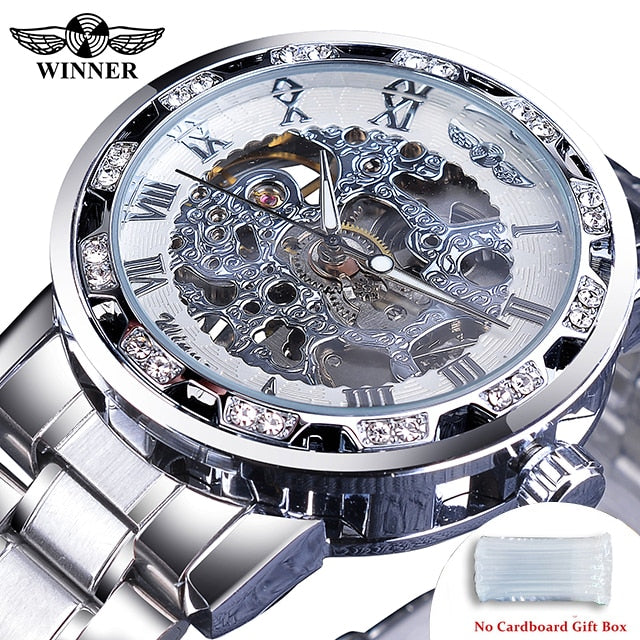 Winner Transparent Fashion Diamond Luminous Gear Movement Royal Design Men Top Brand Luxury Male Mechanical Skeleton Wrist Watch S1089-17Nobox