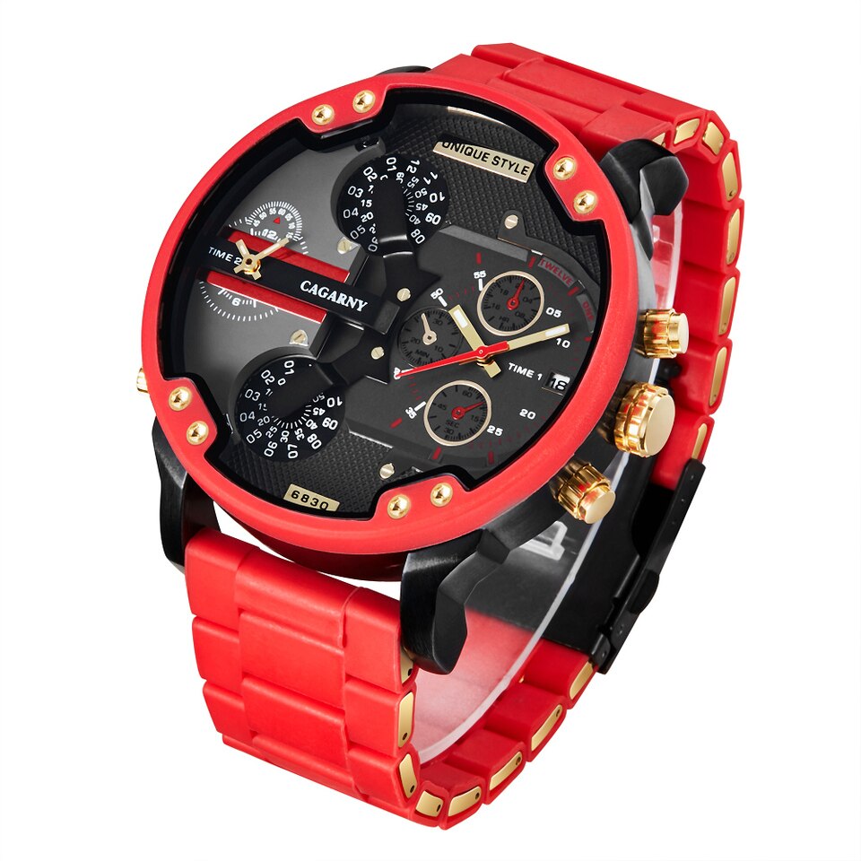 Gold Watch Men Luxury Brand Famous Dual Time Military Relogio Masculino 57mm 3D Large Case Quartz Mens Watches Red Male Clock Gold