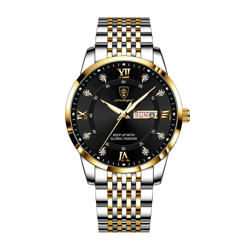 New Casual Sport Chronograph Men's Watches Stainless Steel Band Wristwatch Big Dial Quartz Clock with Luminous Pointers+box Gold black