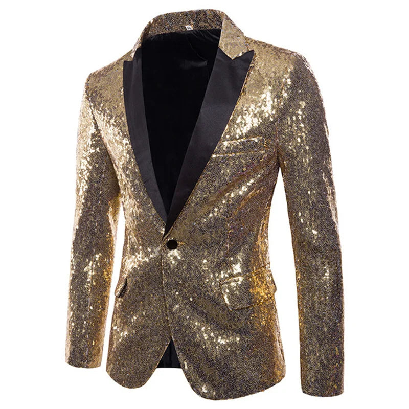 New Sequin One Button Shawl Collar Jacket Men Bling Glitter Nightclub Prom DJ Blazer XZ28 Gold, L