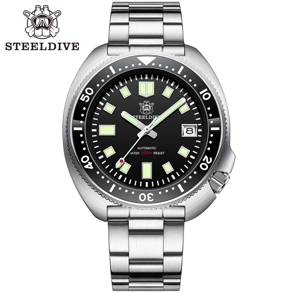 New Men SD1970 SteelDive Mechanical Watch Brand 44MM Men NH35 Dive Watch with Ceramic Bezel Watch 70HH-SS Black-logo, China, NH35 Movt