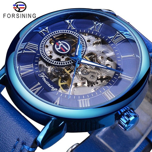 New Men Forsining Black Gold Watch 3d Logo Design Hollow Engraving Black Gold Case Leather Skeleton Mechanical Watches Men Luxury Brand Heren Horloge