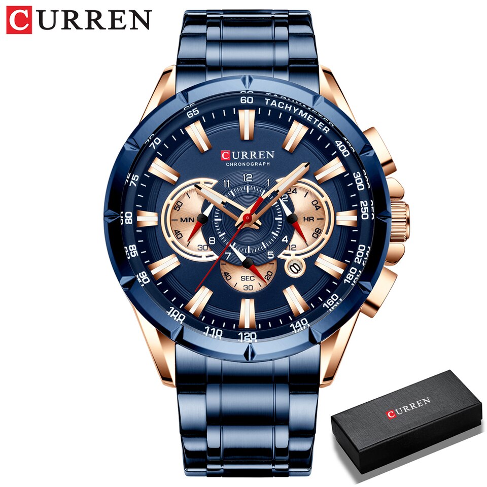 Men New CURREN Casual Sport Chronograph Men Watch Stainless Steel Band Wristwatch Big Dial Quartz Clock with Luminous Pointers rose blue box