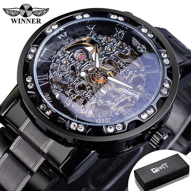 Winner Transparent Fashion Diamond Luminous Gear Movement Royal Design Men Top Brand Luxury Male Mechanical Skeleton Wrist Watch S1089-11