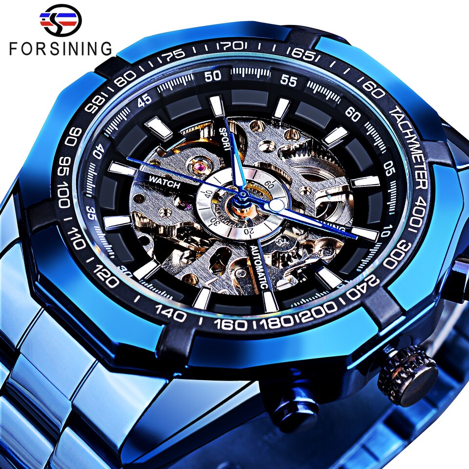 New Men Forsining Stainless Steel Watch Waterproof Mens Skeleton Watches Top Brand Luxury Transparent Mechanical Sport Male Wrist Watches