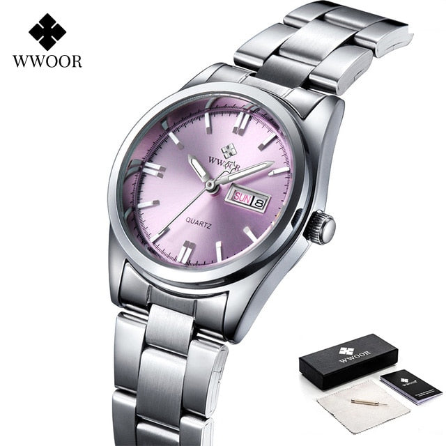 Ladies Watches Waterproof Quartz Silver Clock Women Automatic Date Dress Wrist Watch Reloj Mujer silver pink box, China