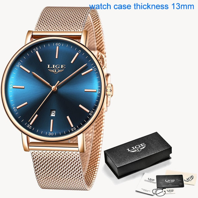 Women Watch Bracelet Quartz Clock Movement Simple Waterproof Rose Gold Stainless Steel Mesh Ladies Watches Rose Gold Blue, China