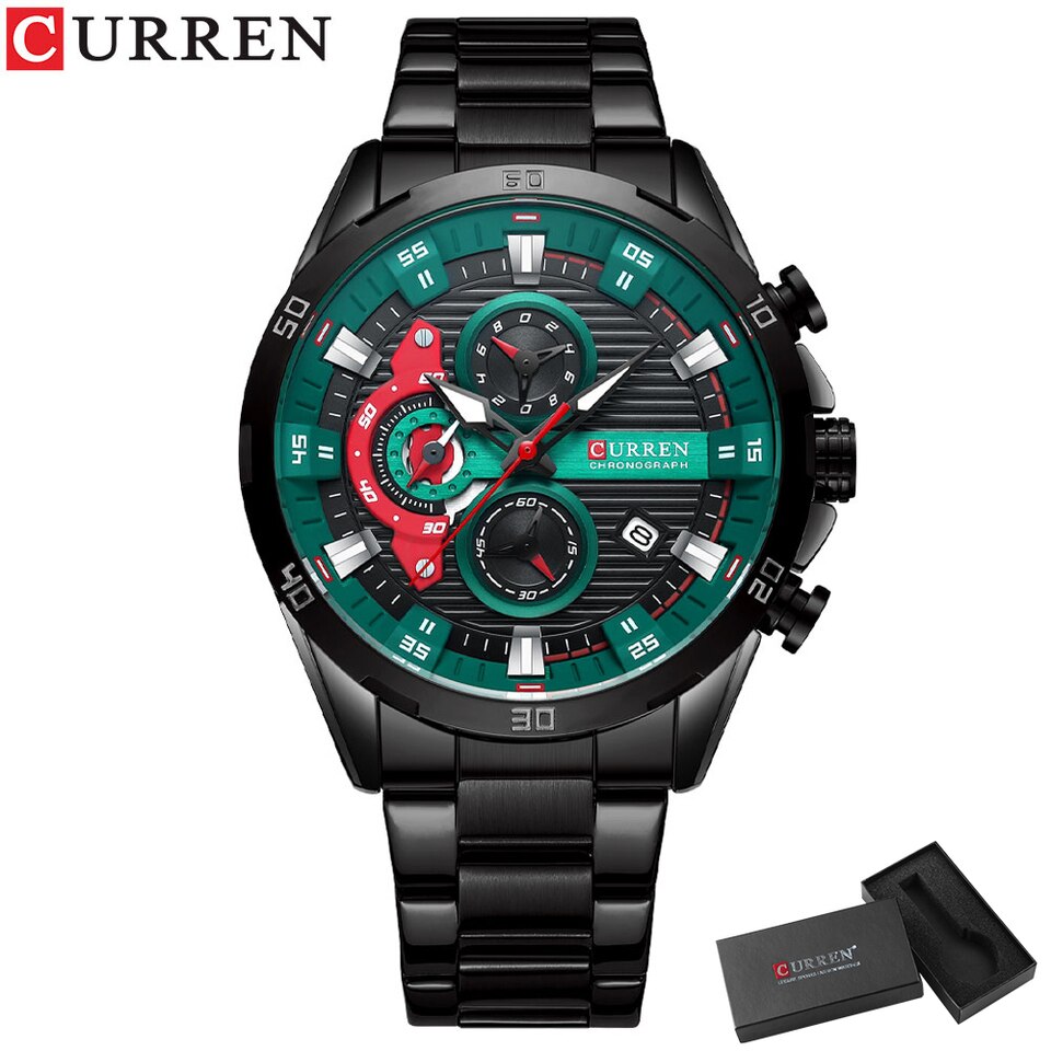 New Stainless Steel Watches for Mens Creative Fashion Luminous Dial with Chronograph Clock Male Casual Wristwatches black green box