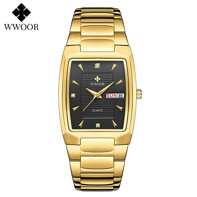 New Square Watch Men with Automatic Week Date Luxury Stainless Steel Gold Mens Quartz Wrist Watches Relogio Masculino gold black