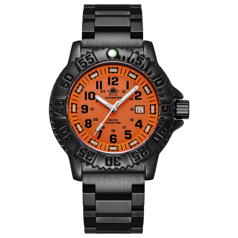 Addies Dive Men Fashion Casual Watch Calendar Display 50m Waterproof Tube Luminous Watch Orange Dial Rotating Bezel Quartz Watch steel orange B, China