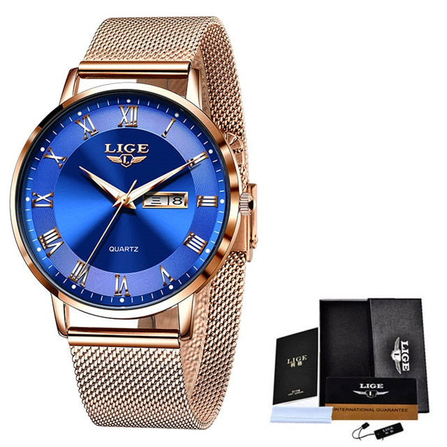 New LIGE Women Ultra Thin Watch Top Brand Luxury Watches Fashion Ladies Clock Stainless Steel Waterproof Calendar Wristwatch