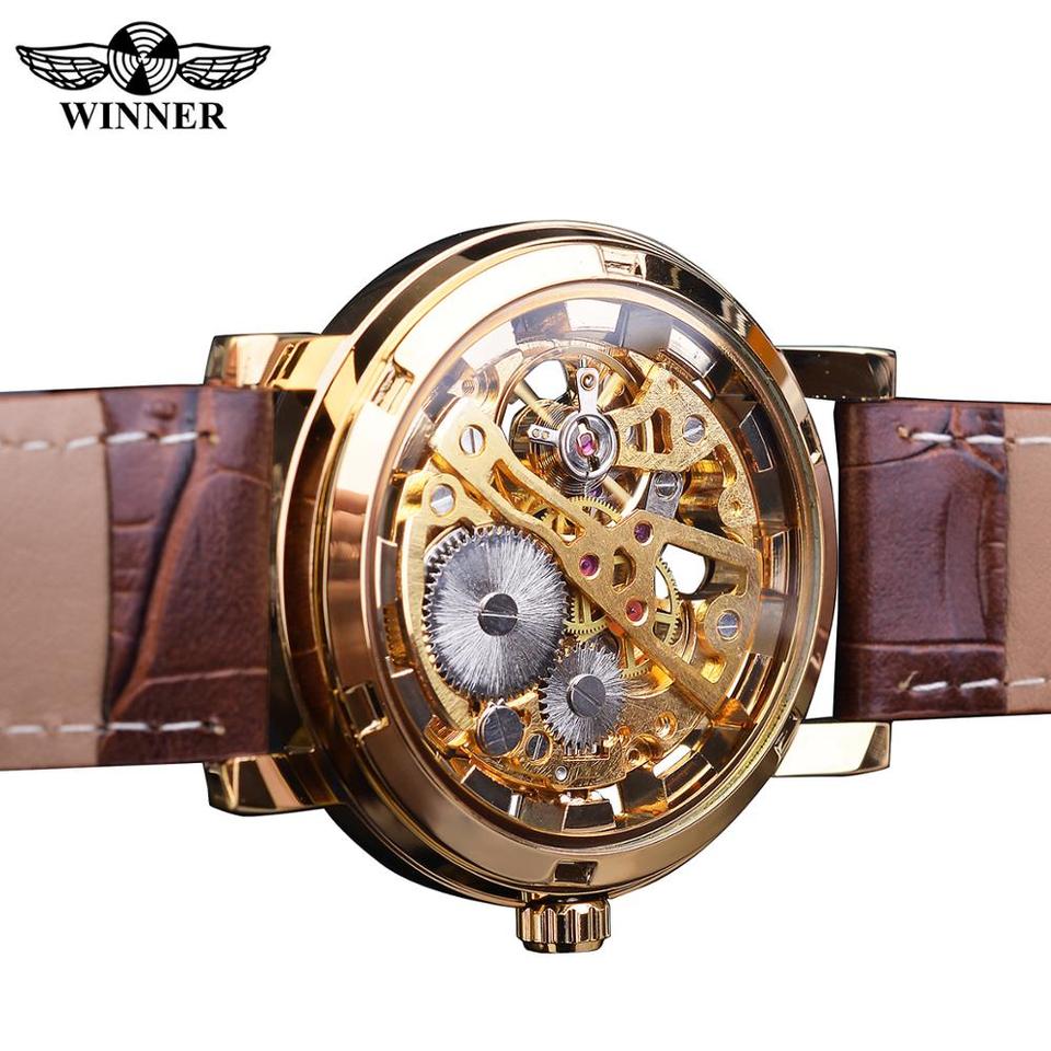 New Men Winner Transparent Golden Watch Luxury Casual Design Brown Leather Strap Mens Watches Top Brand Luxury Mechanical Skeleton Watch