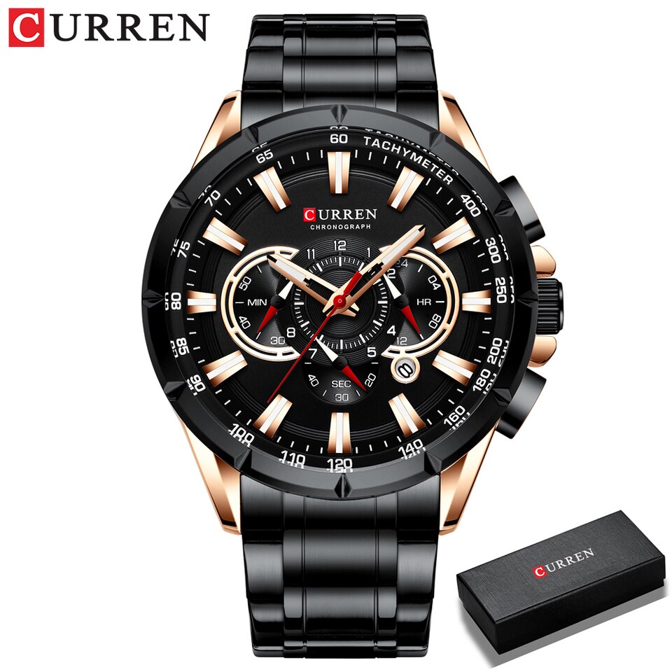 Men New CURREN Casual Sport Chronograph Men Watch Stainless Steel Band Wristwatch Big Dial Quartz Clock with Luminous Pointers rose black box