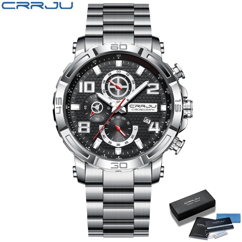 Men Watches Big Dial Waterproof Stainless Steel with Luminous hands Date Sport Chronograph Watches Relogio Masculino Silver black box