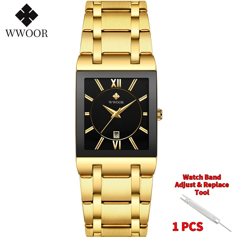 Relogio Masculino WWOOR Gold Watch Men Square Mens Watches Top Brand Luxury Golden Quartz Stainless Steel Waterproof Wrist Watch