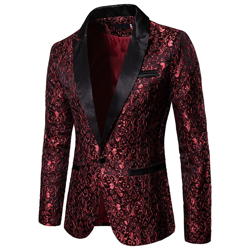 New Men Floral Party Dress Stylish Dinner Jacket Wedding Blazer Prom Tuxedo Red, XXL