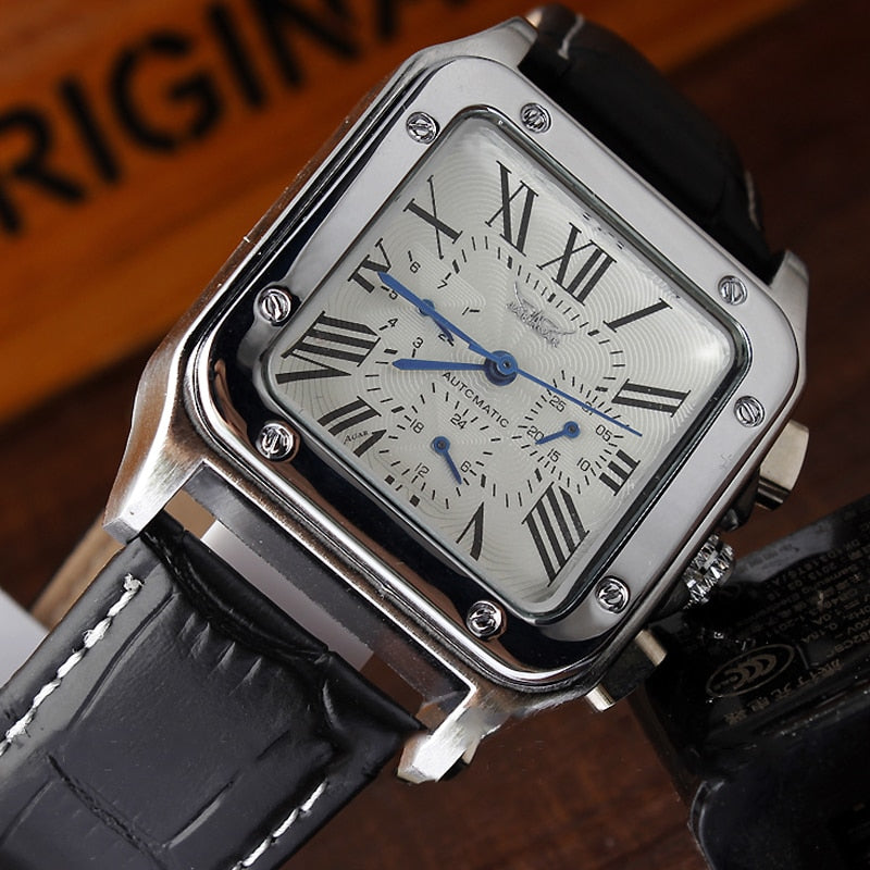 Classic Mechanical Watch Top Brand Men Roman Numerals Skeleton Watches Male Square Rectangular Clock Hombre Relogio Masculino