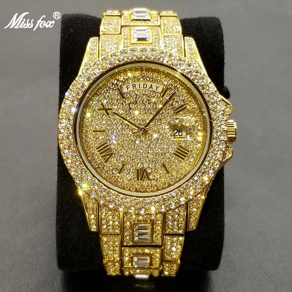 New Iced Out Watch For Men Luxury Gold Full Diamond Mens Watches Hip Hop Waterproof Day Date Clock