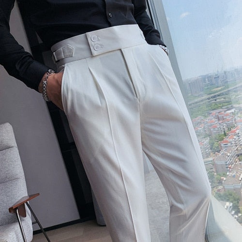 New Men British Style Autumn New Solid High Waist Trousers Men Formal Pants High Quality Slim Fit Business Casual Suit Pants Hommes 02 White, 32, China