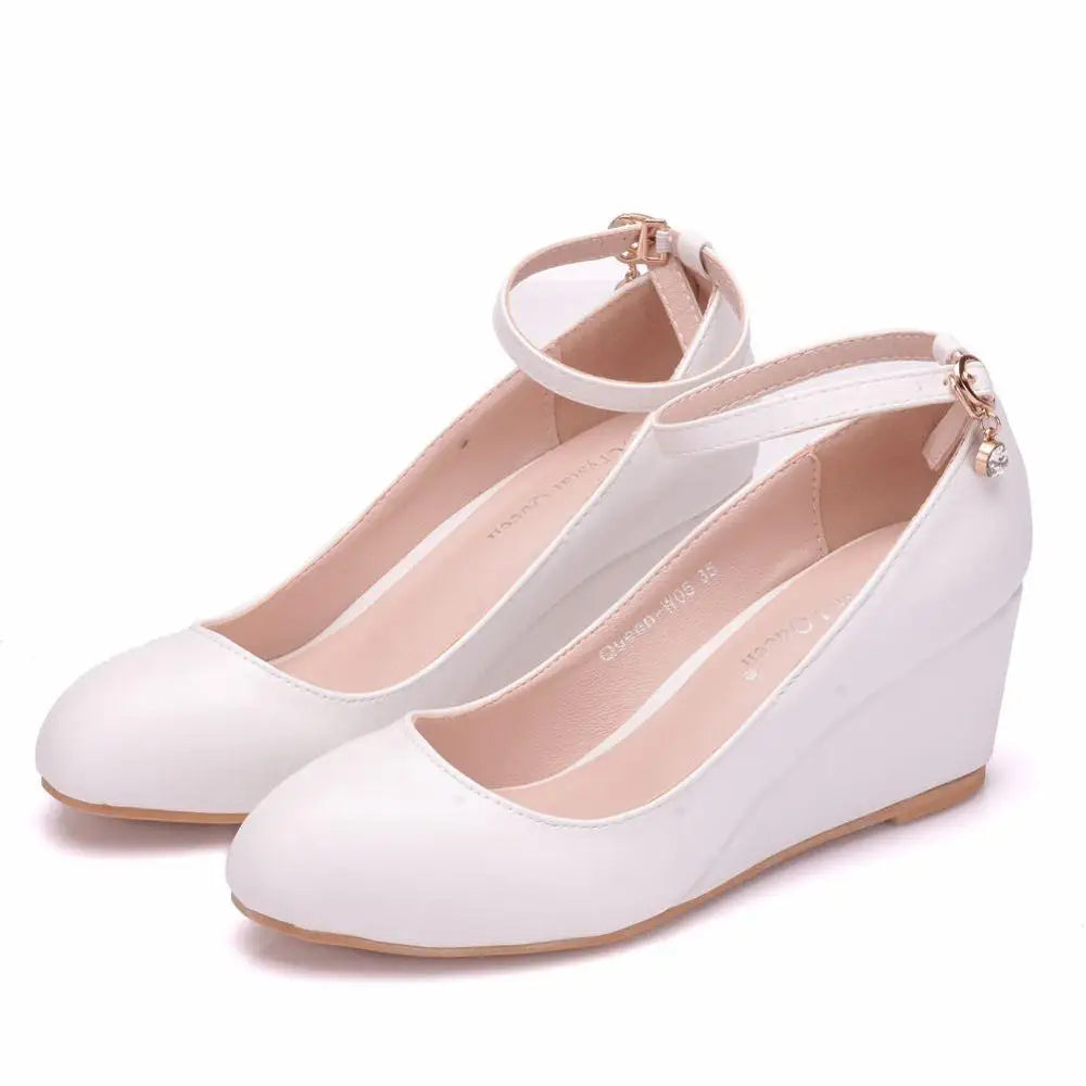 Women Fashion High Heels Shoes Plus Size Platform Wedges Female Pumps Women White pu Buckle Ankle Strap Woman Wedding Shoes