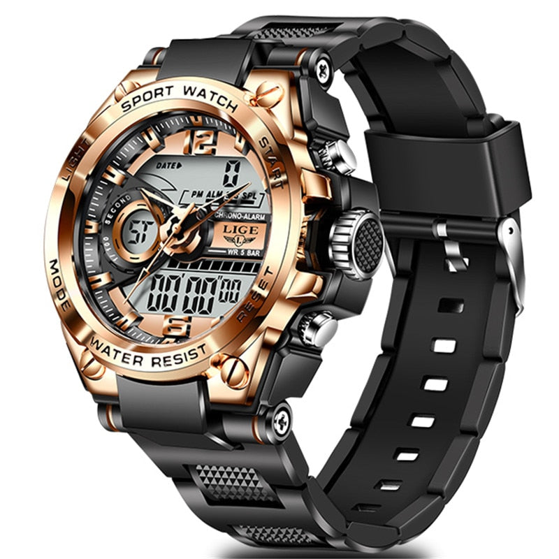 LIGE Men Military Watch Top Brand 50m Waterproof Wristwatch LED Alarm Clock Sport Watch Male relogios masculino Sport Watch Men Gold Black